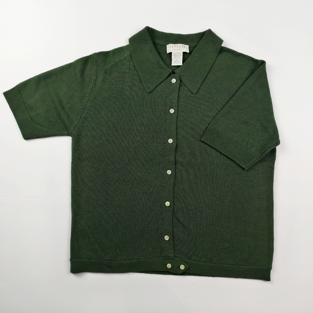 Vintage Express Women's S Tricot Knit Top Olive Forest Retro Y2K Classic